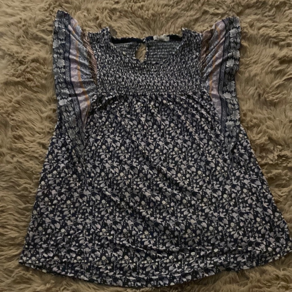 Blue and White Smocked Cap Sleeve Blouse